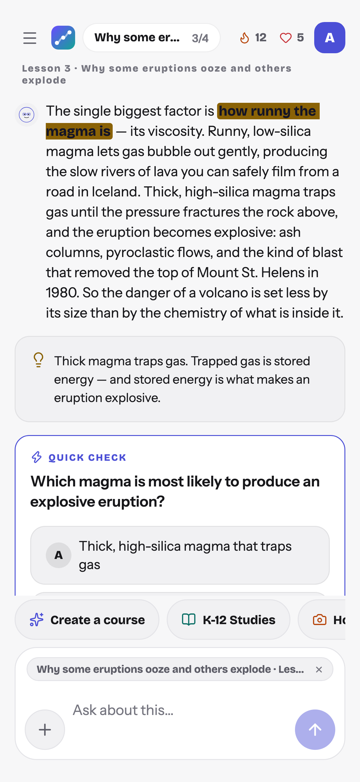 The same course chat on iPhone: the lesson, a tip and the quick check, with the composer grounded in the lesson.
