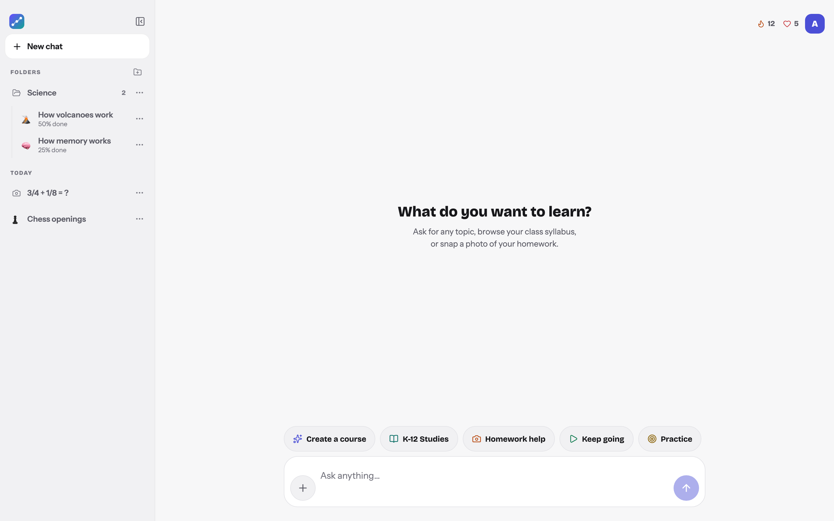 AIQ's opening screen: “What do you want to learn?” with an empty chat, shortcuts for Create a course, K-12 Studies, Homework help, Keep going and Practice, and saved chats in the sidebar.
