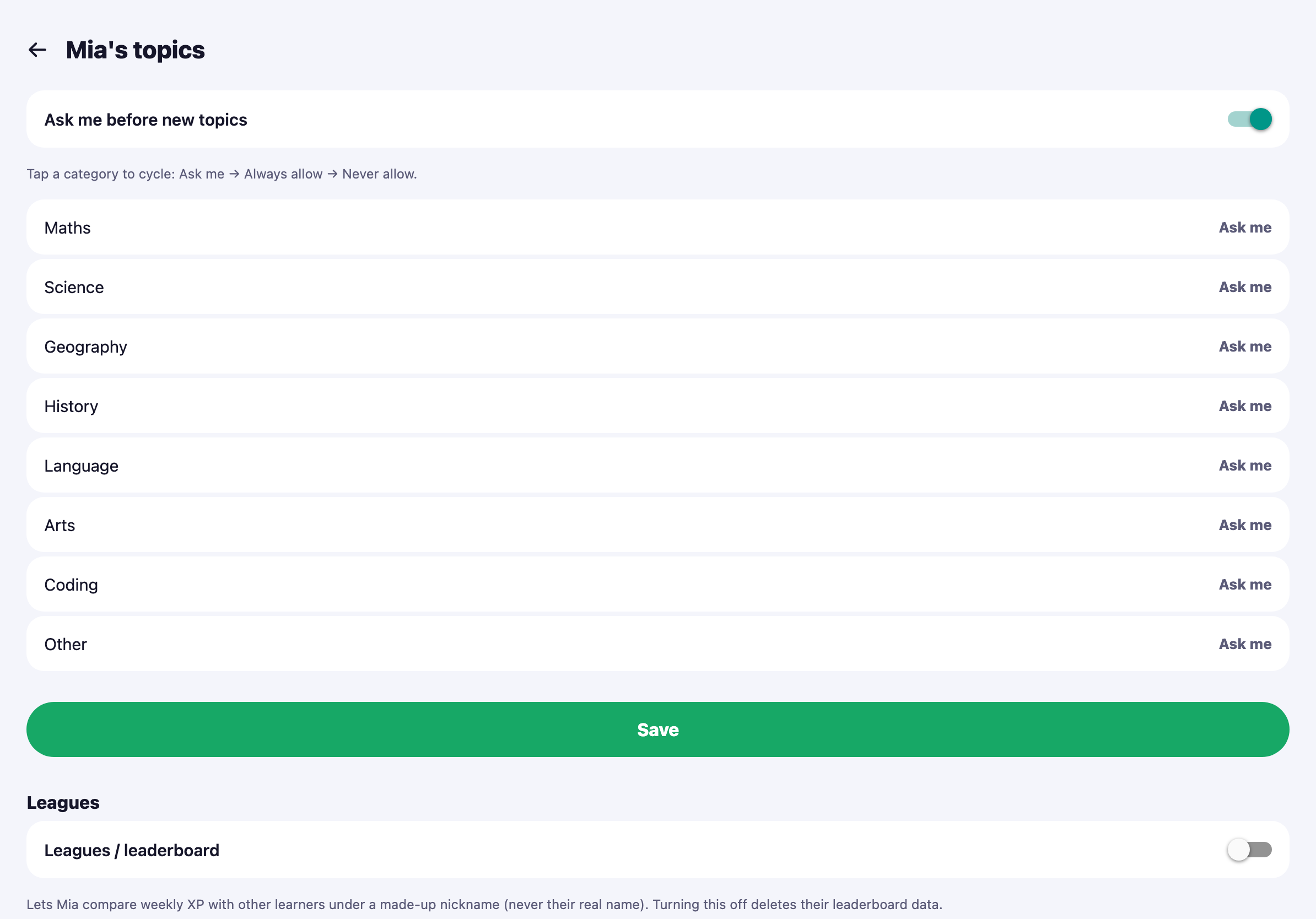 The parent topic-policy screen, showing per-category Allow / Ask / Deny controls.