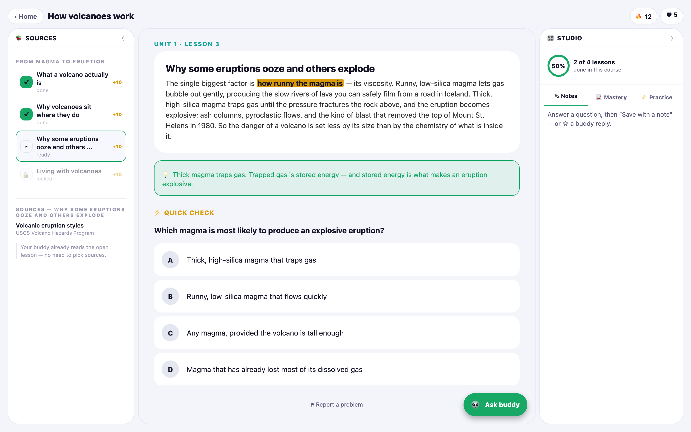 The AIQ workspace: sources, lesson, and progress panel side by side.